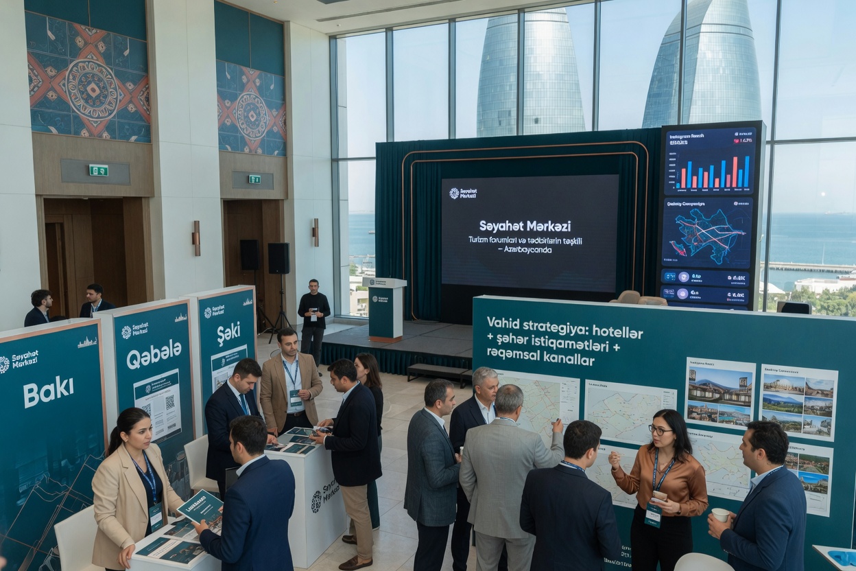 A bright, modern conference hall in Baku hosts a tourism forum with the Flame