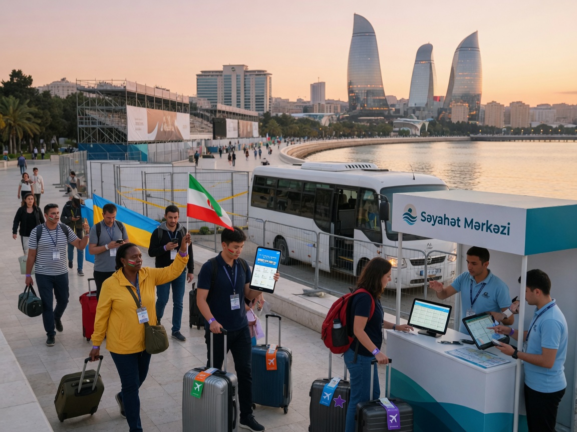 Photorealistic street-level photo outside a modern Baku hotel near the boulevard at sunrise: arriving